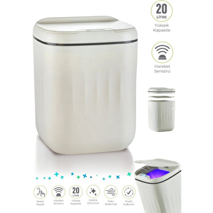 Akıllı Teknolojik Antibakteriyel Sensörlü Uv Işıklı Çöp Kovası 20 Litre + Deterjan Hazneli Beyaz Silikon Klozet Fırçası-bys