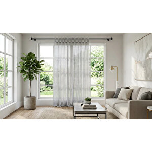 Gri Renk Keten Rustik Tül Perde - Kemerli (Tab Top) Dikim - Pilesiz Doğal Görünüm - Kişiselleştirilebilir Özel Ölçü 350x240 cm