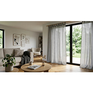Gri Renk Keten Rustik Tül Perde - Kemerli (Tab Top) Dikim - Pilesiz Doğal Görünüm - Kişiselleştirilebilir Özel Ölçü 350x240 cm