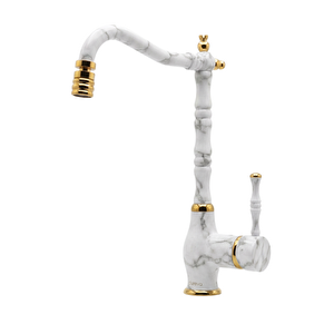 Rustik Vitange Mutfak Evye Bataryası- Zen Design Pirinç- 360° Oynar Başlık-i̇nce Zarif Kulp Gold Beyaz Mermer