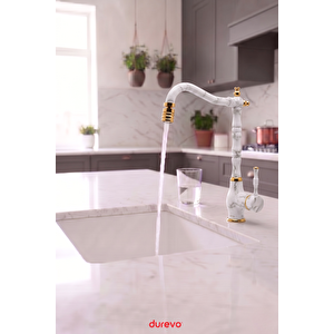 Rustik Vitange Mutfak Evye Bataryası- Zen Design Pirinç- 360° Oynar Başlık-i̇nce Zarif Kulp Gold Beyaz Mermer