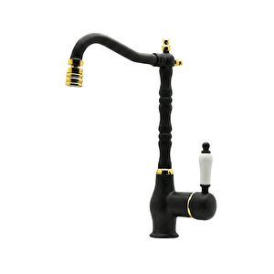 Rustik Vitange Mutfak Evye Bataryası- Zen Design Pirinç- 360° Oynar Başlık- Porselen Kulp Si̇yah Gold
