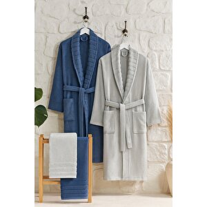 Dora 4 Parça Baş Havlusu Ve Bornoz Seti, Gri-i̇ndigo, S/m S/M