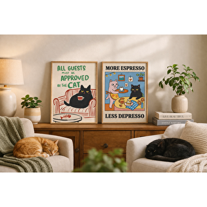 Ahşap Çerçeveli Kedi Temalı Mutfak Posteri Seti Estetik Duvar Tablosu 10x15 cm
