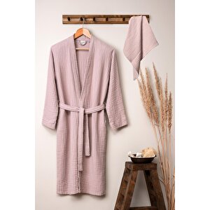 Unisex Kimono Müslin Bornoz Havlu Seti Pudra