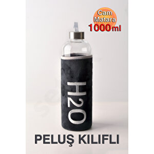 Siyah Peluş Kılıflı Cam Matara 1000 ml - Spor, Okul, Ofis ve Günlük Kullanım İçin Büyük Boy Şık Su Şişesi