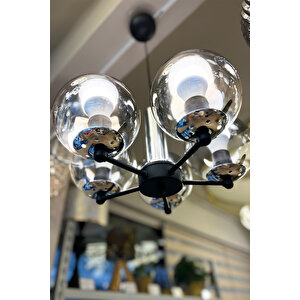 Minimal  Globe Black & Silver Up Penta Füme Cam Avize Gri-Füme