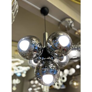 Minimal Globe Black & Silver 4+1 Sarkıt Cam Avize Krom Gri