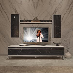 Eko 7 Mdf Std Krom Ayaklı Tv Ünitesi Tv Sehpası - Beyaz Siyah Mermer Beyaz Siyah Mermer