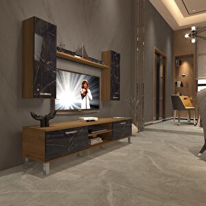 Eko 7 Mdf Dvd Krom Ayaklı Tv Ünitesi Tv Sehpası - Pera Siyah Mermer Pera Siyah Mermer