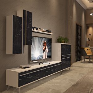 Eko 6 Mdf Std Krom Ayaklı Tv Ünitesi Tv Sehpası - Beyaz Siyah Mermer Beyaz Siyah Mermer