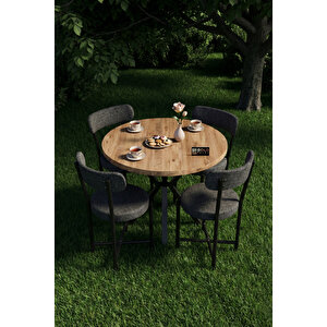 Mutfak Masası 4 Sandalyeli Set 90 Çap Yuvarlak Cafe Balkon Ofis Masa Yemek Takımı Teddy 9861 Antrast
