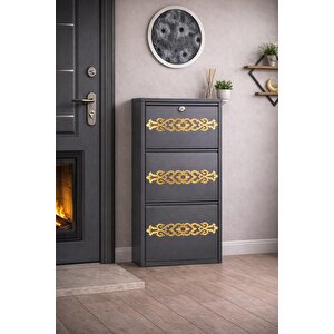 3'lü Ki̇li̇tli̇ Antrasi̇t Gold Desenli̇ Metal Ayakkabilik