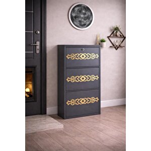 3'lü Ki̇li̇tli̇ Antrasi̇t Gold Desenli̇ Metal Ayakkabilik