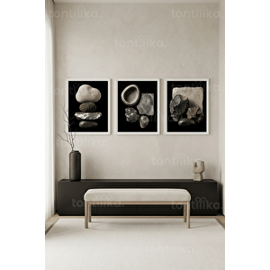 Doğal Taş Dokulu Organik Formlar 3’lü Ahşap Çerçeveli Tablo Seti 21x30 cm