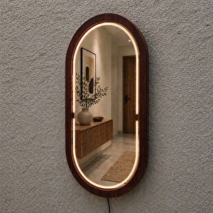 18x32 Cm Kayın Ahşap Çerçeveli Led’li Oval Ayna – 3000k Dimmer Işıklı Dekoratif Banyo Aynası (pelesenk) 18x32 cm