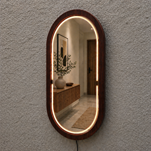 68x119 Cm Kayın Ahşap Çerçeveli Led’li Oval Ayna – 3000k Dimmer Işıklı Dekoratif Banyo Aynası (pelesenk) 68x119 cm