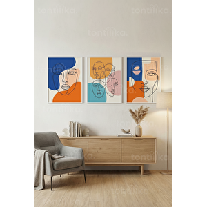 Modern Çizgi Yüzler Sanatı 3’lü Ahşap Çerçeveli Tablo Seti 50 x 70 cm
