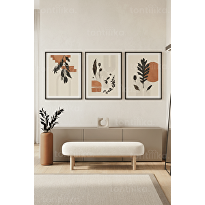 Modern Botanik Ve Geometrik Desenler 3’lü Ahşap Çerçeveli Tablo Seti 50 x 70 cm