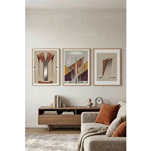 Çağdaş Soyut Geometrik Uyum 3’lü Ahşap Çerçeveli Tablo Seti 30x42 cm