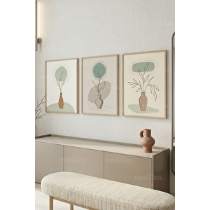 Modern Soyut Bitki Çizimi 3’lü Ahşap Çerçeveli Tablo Seti 50 x 70 cm