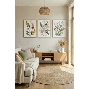 Modern Botanik Çiçekler 3’lü Ahşap Çerçeveli Tablo Seti 50 x 70 cm