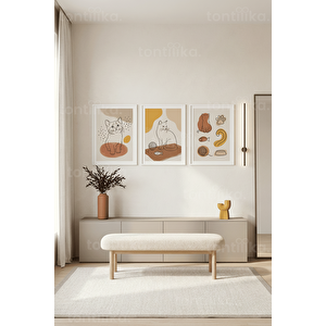 Modern Minimalist Kedi Temalı 3’lü Ahşap Çerçeveli Tablo Seti 30x42 cm
