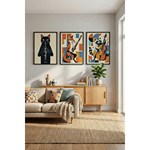 Neşeli Müzisyen Hayvanlar Temalı 3’lü Ahşap Çerçeveli Tablo Seti 50 x 70 cm
