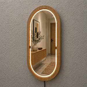 28x49 Cm Kayın Ahşap Çerçeveli Led’li Oval Ayna – 3000k Dimmer Işıklı Dekoratif Banyo Aynası (meşe) 28x49 cm