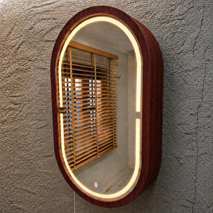 Oval Led’li Duvar Aynası Dolaplı | Dimmerli Dokunmatik Sensörlü | 3000k Günışıklı Banyo & Makyaj Aynası (maun) 65x113 cm