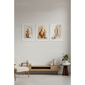 Modern Soyut Vazo Sanatı 3’lü Ahşap Çerçeveli Tablo Seti 50 x 70 cm