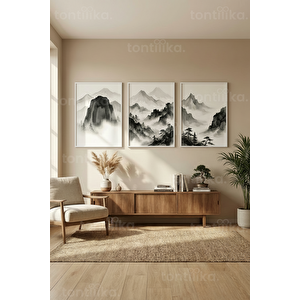 Uzakdoğu Sisli Dağlar Ve Ormanlar 3’lü Ahşap Çerçeveli Tablo Seti 50 x 70 cm