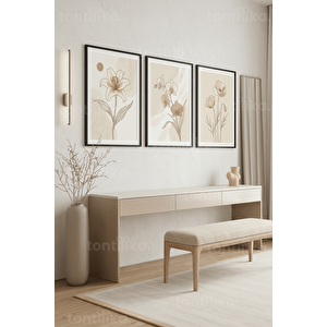 Nötr Tonlarda Doğal Botanik Çizimler 3’lü Ahşap Çerçeveli Tablo Seti 50 x 70 cm