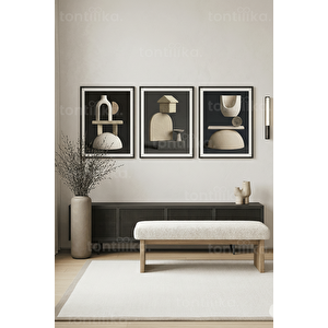 Heykelimsi Geometrik Soyut Tasarım 3’lü Ahşap Çerçeveli Tablo Seti 50 x 70 cm