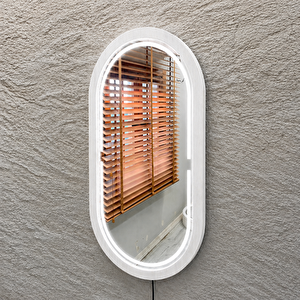 58x102 Cm Kayın Ahşap Çerçeveli Led’li Oval Ayna – 6500k Dimmer Işıklı Dekoratif Banyo Aynası (beyaz) 58x102 cm