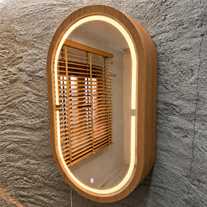 Oval Led’li Duvar Aynası Dolaplı | Dimmerli Dokunmatik Sensörlü | 3000k Günışıklı Banyo & Makyaj Aynası (tik) 50x87 cm