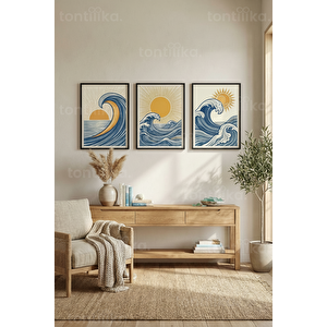 Deniz Dalgaları Ve Güneş Temalı 3’lü Ahşap Çerçeveli Tablo Seti 50 x 70 cm