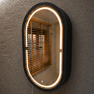 Oval Led’li Duvar Aynası Dolaplı | Dimmerli Dokunmatik Sensörlü | 3000k Günışıklı Banyo & Makyaj Aynası (siyah) 30x53 cm