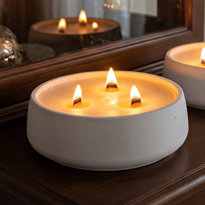 Amber Kokulu Dekoratif Beton Mum Yuvarlak Yatay Form Üç Fitilli Mum 250 Gr