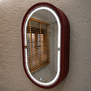 Oval Led’li Duvar Aynası Dolaplı | Dimmerli Dokunmatik Sensörlü | 6500 Beyaz Işıklı Banyo & Makyaj Aynası (maun) 60x104 cm
