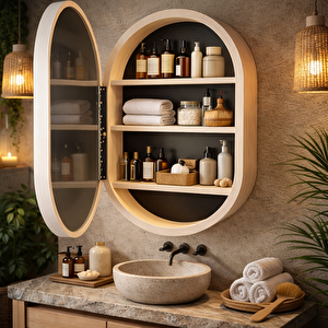 Oval Led’li Duvar Aynası Dolaplı | Dimmerli Dokunmatik Sensörlü | 6500 Beyaz Işıklı Banyo & Makyaj Aynası (maun) 60x104 cm