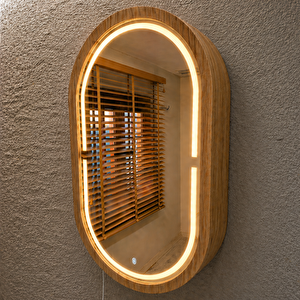 Oval Led’li Duvar Aynası Dolaplı | Dimmerli Dokunmatik Sensörlü | 3000k Günışıklı Banyo & Makyaj Aynası (meşe) 40x70 cm