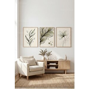 Botanik Çizgiler 3’lü Ahşap Çerçeveli Tablo Seti 50 x 70 cm