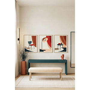 Modern Soyut İç Mekan Objeleri 3’lü Ahşap Çerçeveli Tablo Seti 50 x 70 cm