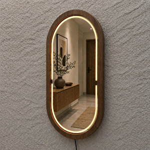 28x49 Cm Kayın Ahşap Çerçeveli Led’li Oval Ayna – 3000k Dimmer Işıklı Dekoratif Banyo Aynası (ceviz) 28x49 cm