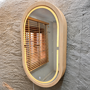 Oval Led’li Duvar Aynası Dolaplı | Dimmerli Dokunmatik Sensörlü | 3000k Günışıklı Banyo & Makyaj Aynası (kayın) 50x87 cm