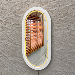 28x49 Cm Kayın Ahşap Çerçeveli Led’li Oval Ayna – 3000k Dimmer Işıklı Dekoratif Banyo Aynası (beyaz) 28x49 cm