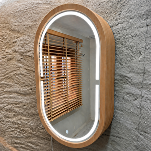 Oval Led’li Duvar Aynası Dolaplı | Dimmerli Dokunmatik Sensörlü | 6500 Beyaz Işıklı Banyo & Makyaj Aynası (tik) 50x87 cm