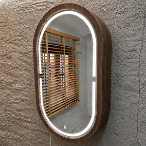 Oval Led’li Duvar Aynası Dolaplı | Dimmerli Dokunmatik Sensörlü | 6500 Beyaz Işıklı Banyo & Makyaj Aynası (ceviz) 40x70 cm