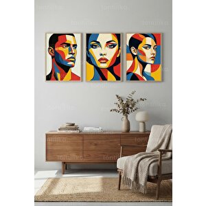 Renkli Geometrik Soyut Portre 3’lü Ahşap Çerçeveli Tablo Seti 30x42 cm
